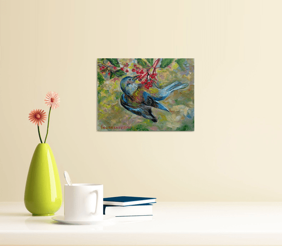 Fairy Bird Painting 6x8in Oil,Tiny Animal Wildlife,Shelf Table Nursery Decor,Small Pocket Bird,Blue Yellow Custom Miniature,Love Art Gift