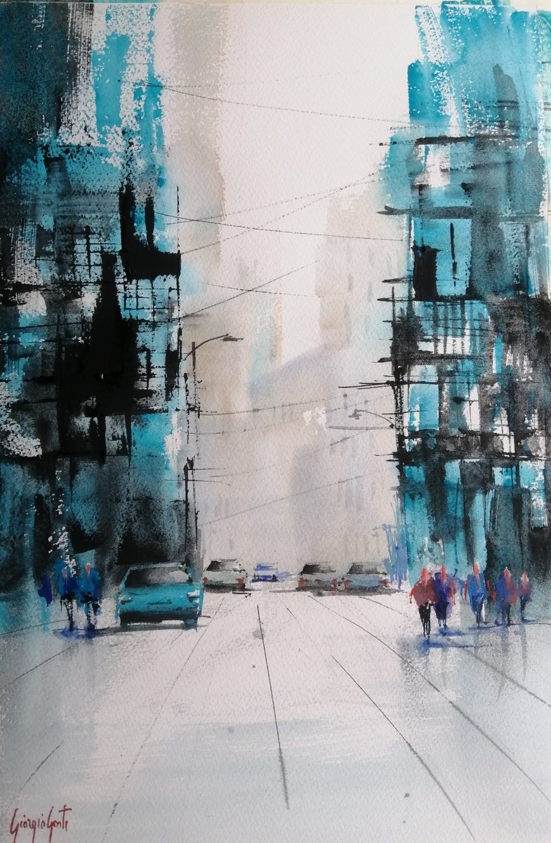Expressive Cityscapes Watercolour By Giorgio Gosti, 14 X 21, An Imaginary City 69, Original Artwork