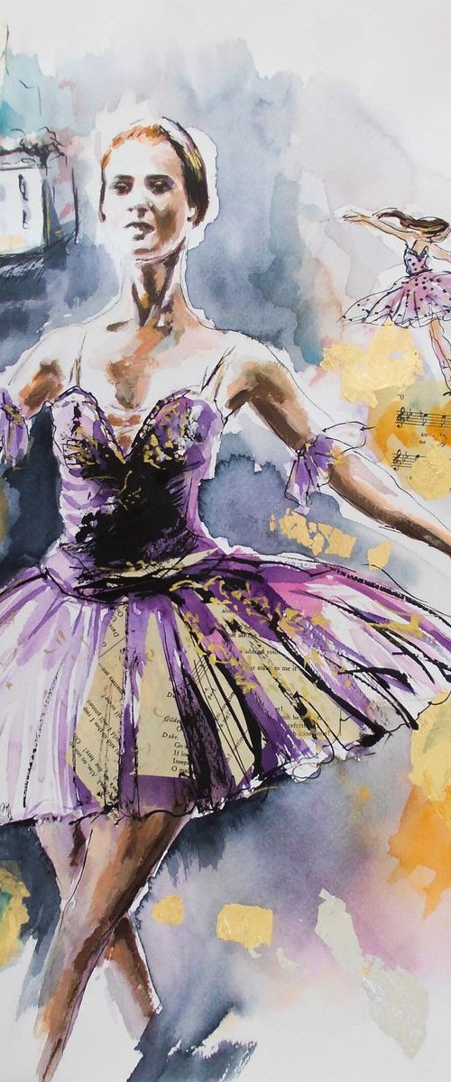 Purple Swan - Ballerina Watercolor Mixed Media Painting by Antigoni Tziora