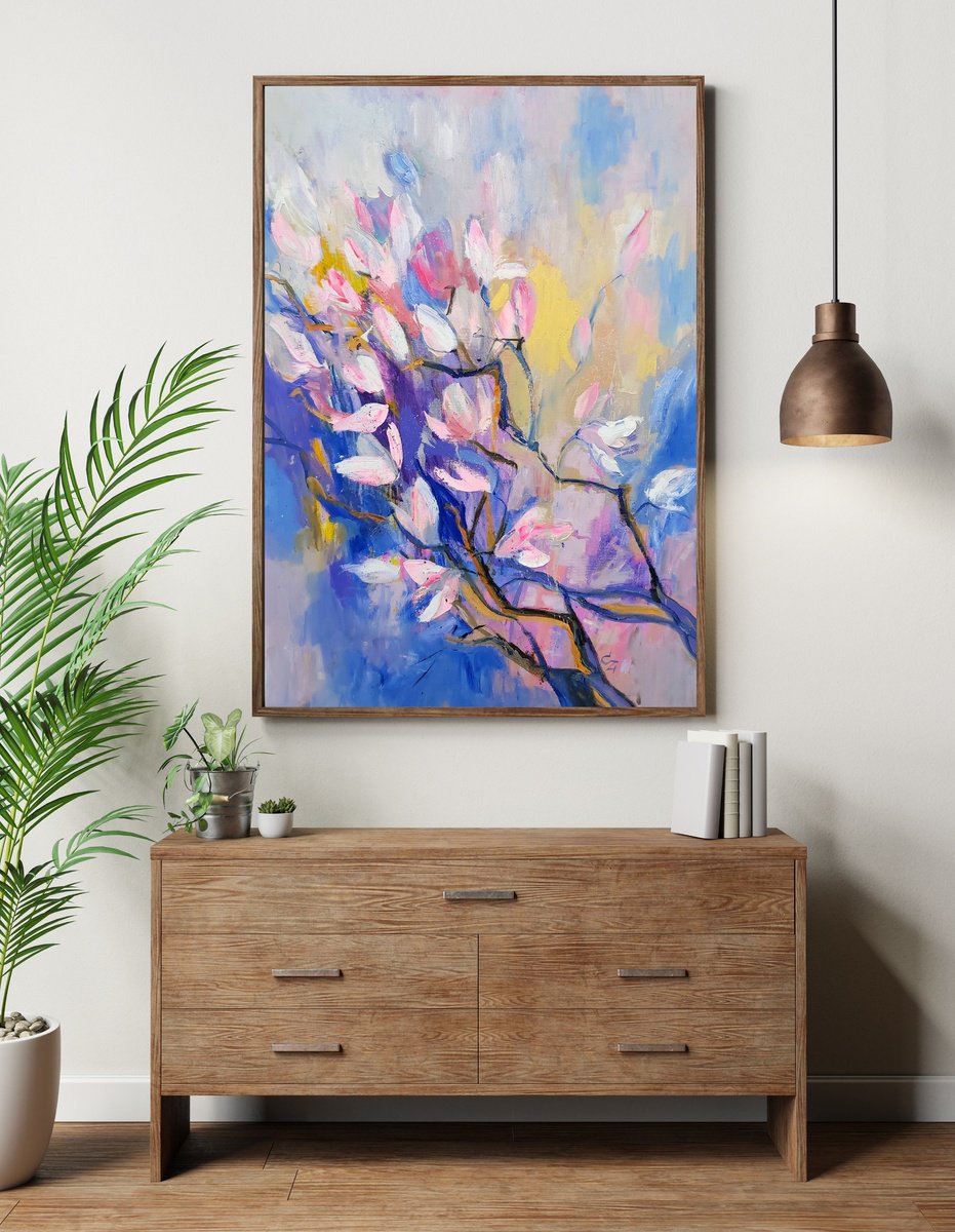 Impressionistic Botanical Oil Painting By Victoria Cozmolici, 31 X 47", Magnolia, Original Artwork