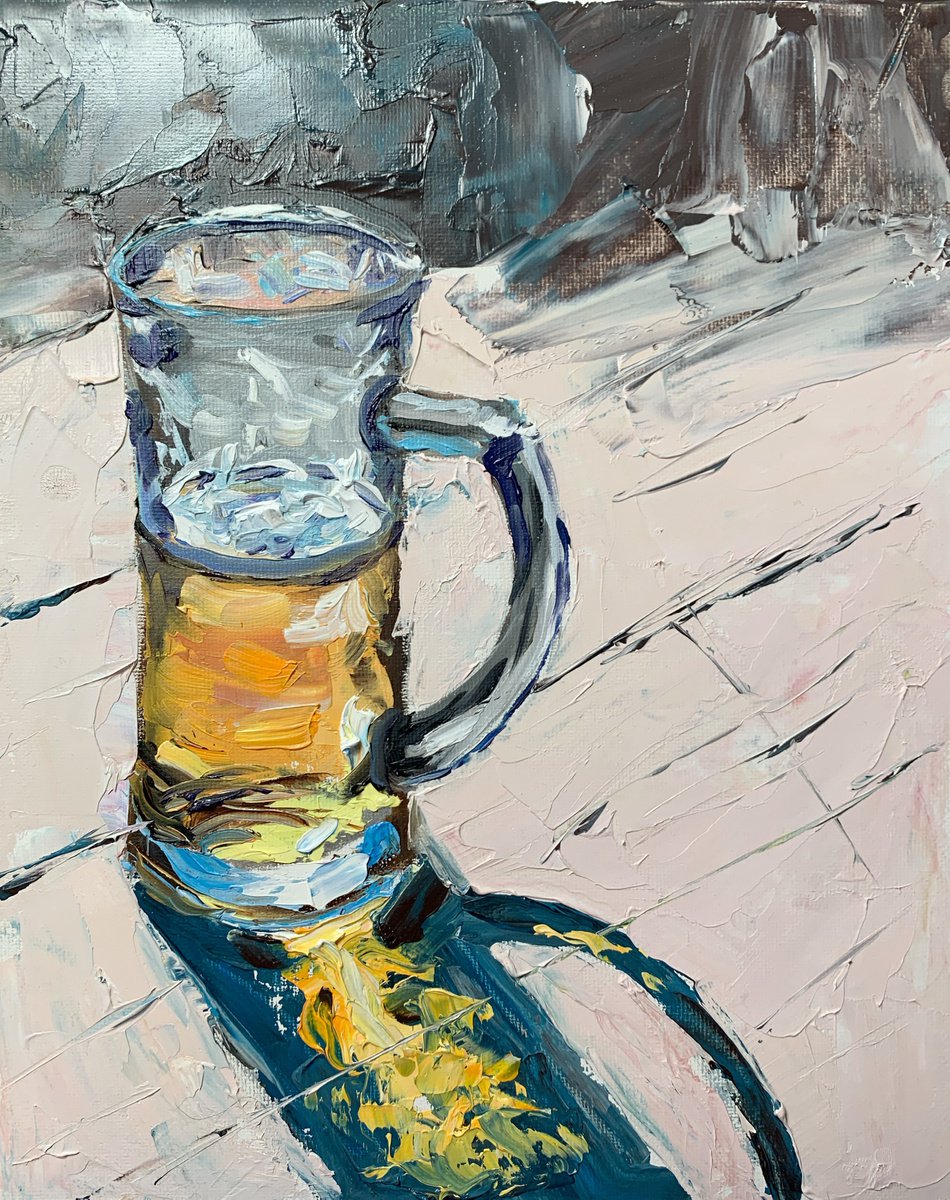 Beer mug. still life. Original impasto, Palette knife oil painting. by Vita Schagen