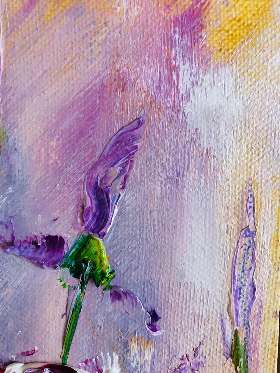 THE MOOD OF THE IRIS - Triptyh. Irises. Flowers. Gift. Lilac color. Bouquet. Garden. Garden flowers. Field irises. Mini-art. Quick painting. The best solution. Gift painting. Postcard. Season. Holidays.