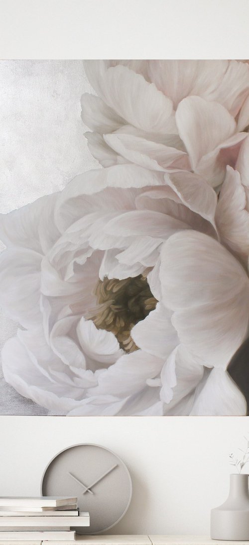 "Silk peonies" White silver oil flower art by Olha