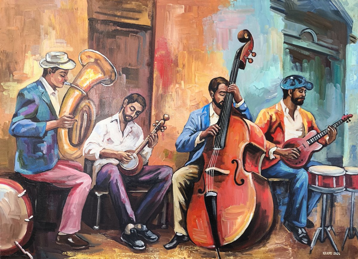 Urban And Pop Portrait Oil Painting By Karine Harutyunyan, 31 X 24", Street Jazz Band, Original Artwork