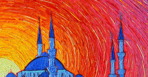 Fiery sunset over Blue Mosque in Istanbul Turkey
