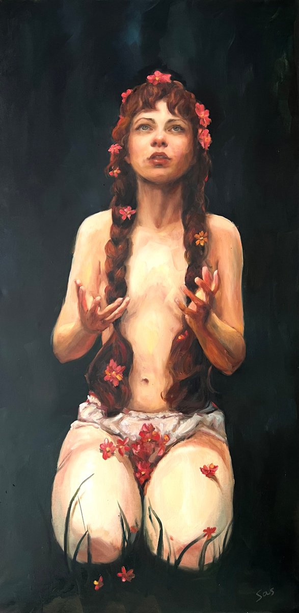 Photorealistic Portrait Oil Painting By Liubou Sas, 20 X 39", Time To Pray (Witch Hunt), Original Artwork