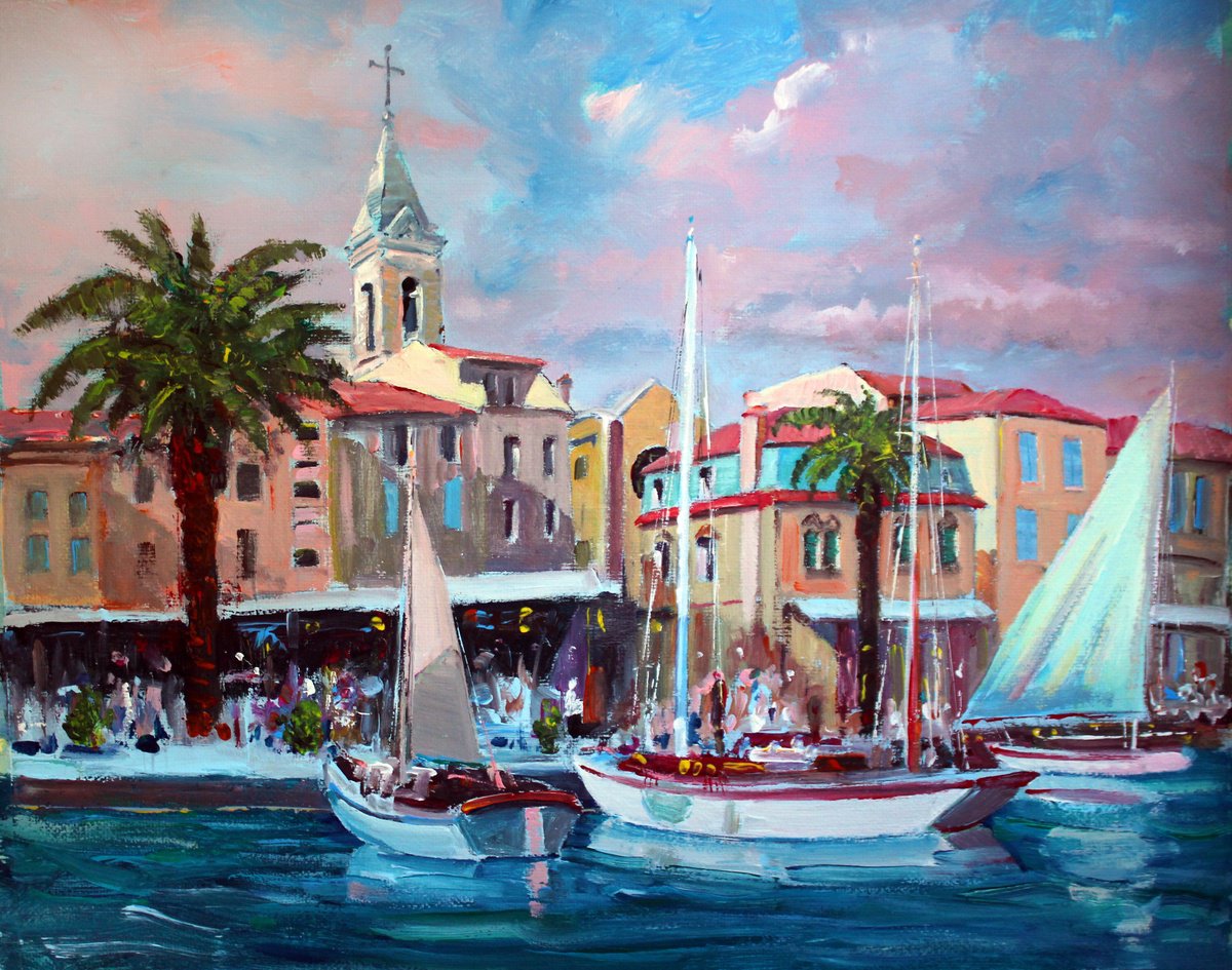 Impressionistic Landscape Acrylic Painting By Mir-Jan, 25 X 20", Seaside Town, Original Artwork