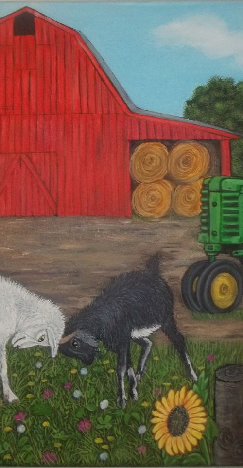 Farm scene with a Red barn, Goats, an Old tractor by Sofya Mikeworth