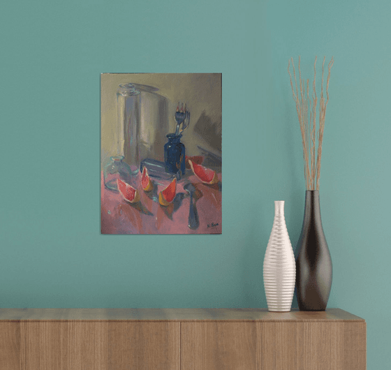Grapefruit Reflections on Pink - Still Life Painting, One of a kind artwork, Home decor