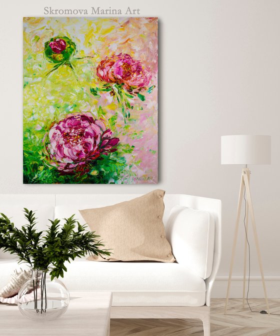 BRIGHT PEONIES - Summer day. Pink peonies. Lush buds. Abstract technique. Expressive landscape. Smile. Dawn.