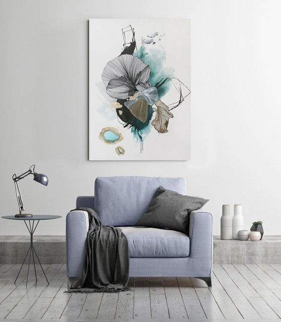 "Concord 5" Teal white abstract art