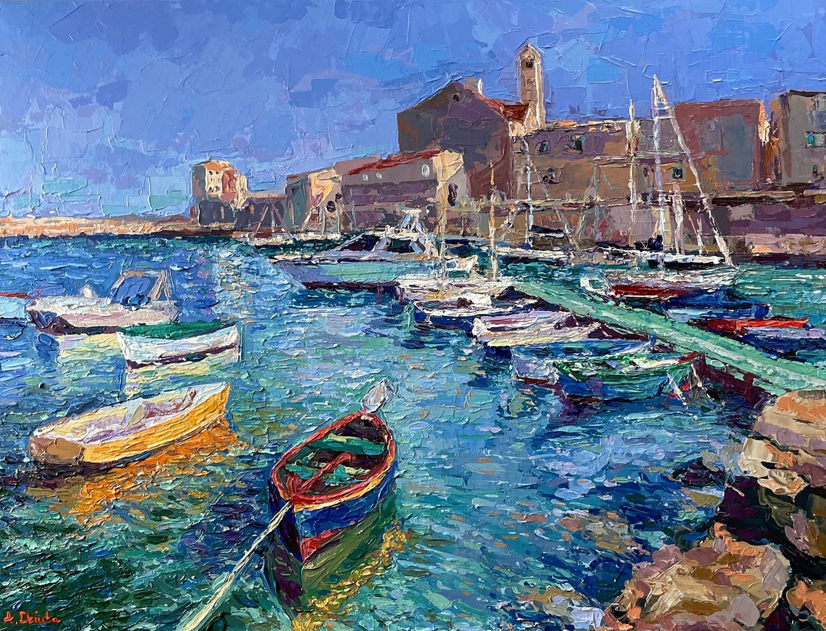 Impressionistic Landscape Acrylic Painting By Adriana Dziuba, 32 X 24, Boats Of Giovinazzo, Italy, Original Artwork