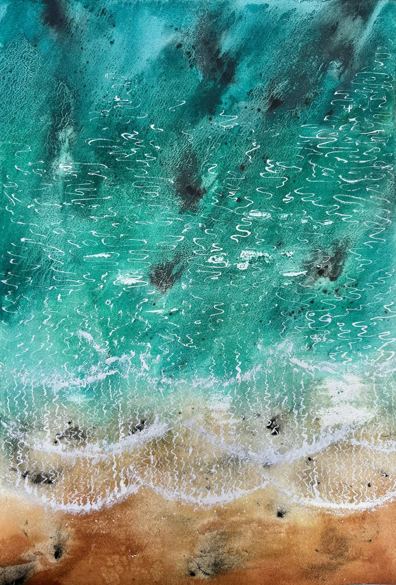 Expressive Landscape Watercolour By Yuliia Sharapova, 17 X 24", On The Green Waves In Paradise, Original Artwork