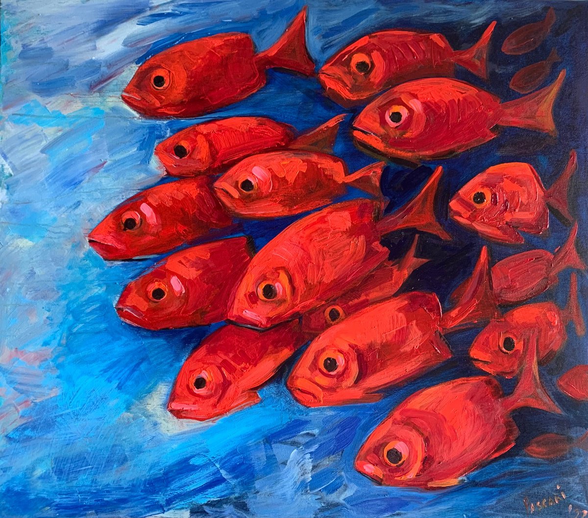 Impressionistic Animal Oil Painting By Olga Pascari, 31 X 28", Red Fish, Original Artwork