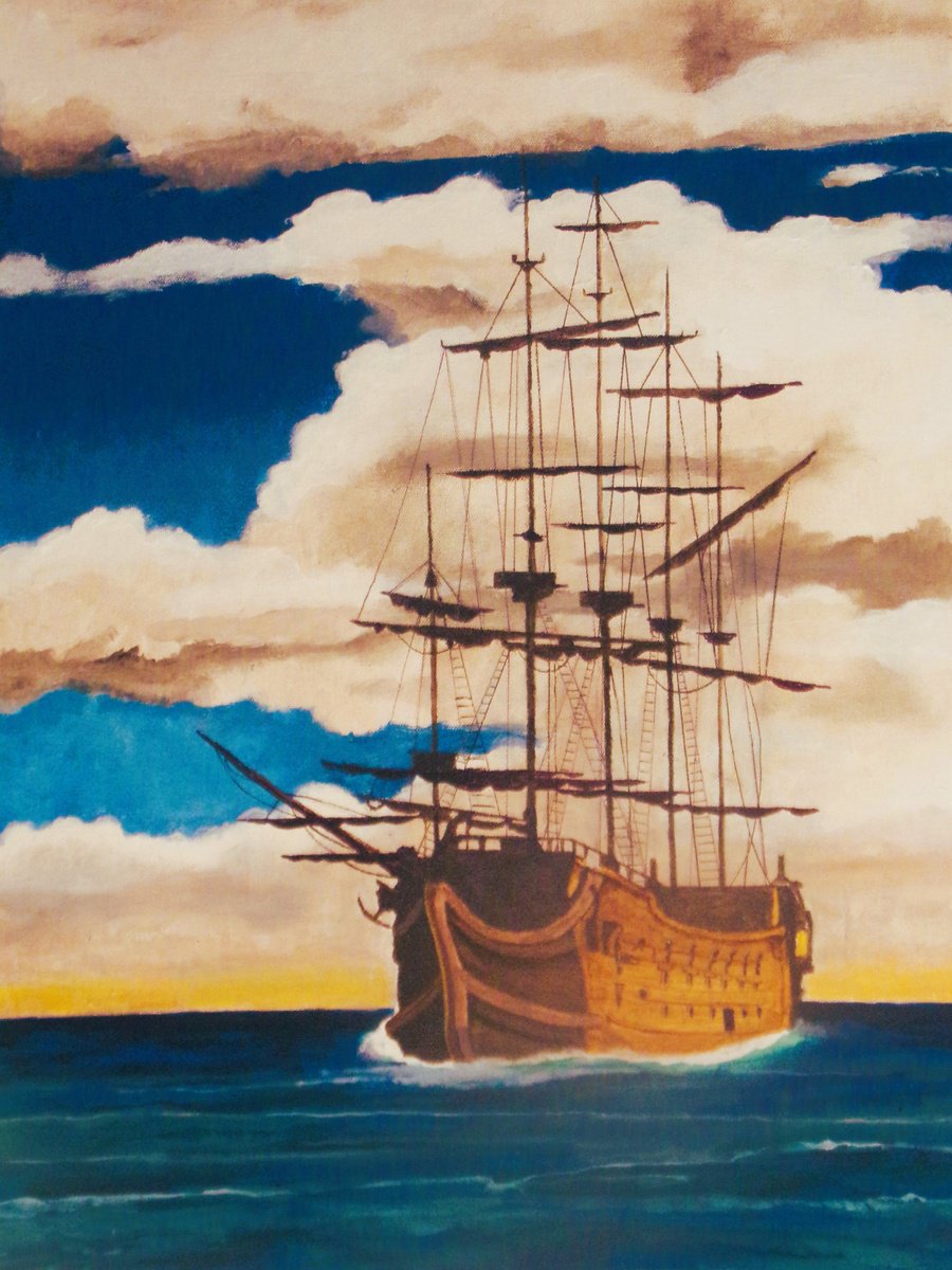 Landscape Acrylic Painting By Andrew Sabori, 18 X 24, Old Schooner, Original Artwork