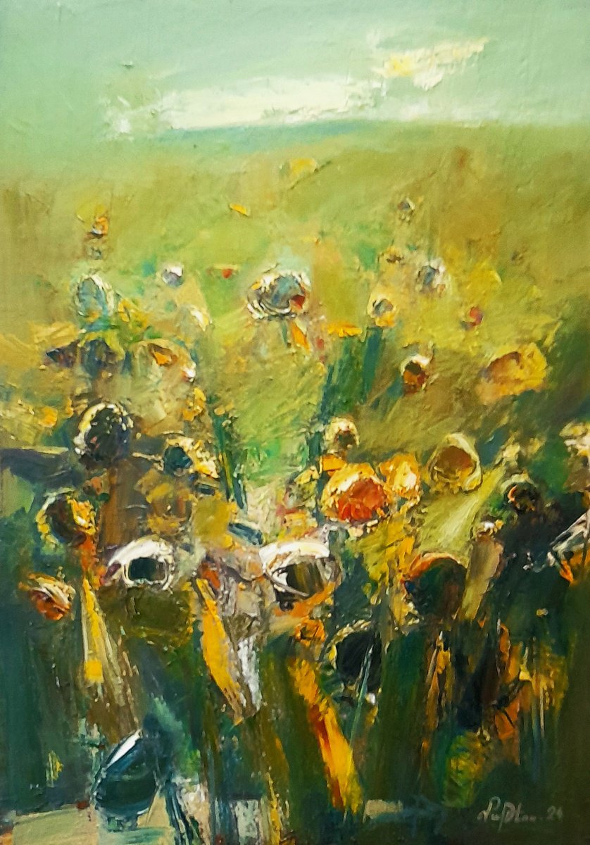 Abstract Botanical Oil Painting By Matevos Sargsyan, 20 X 28", Abstract Floral Field, Original Artwork