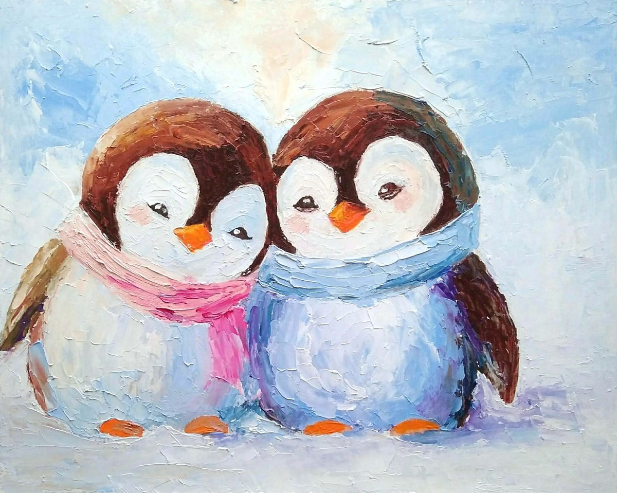 Penguin Couple Oil Painting Bird Wall Art Small Artwork by Yulia Berseneva