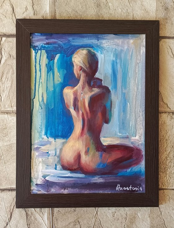 Erotic art expressive acrylic painting of naked woman