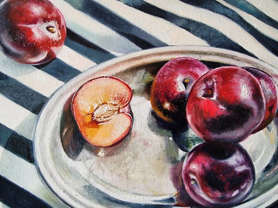 "Plums dream of the sea. "  still life liGHt original painting PALETTE KNIFE  GIFT (2021)