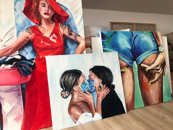 COMFORT ZONE - original oil painting, white, blue, black, covid 19, pandemia art, girls kissing, erotic art, pop art, office art, decor home decor gift idea