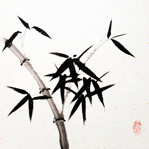 Sprig of bamboo on tinted gold sprinkle paper - Bamboo series No. 2118 - Oriental Chinese Ink Painting by Ilana Shechter