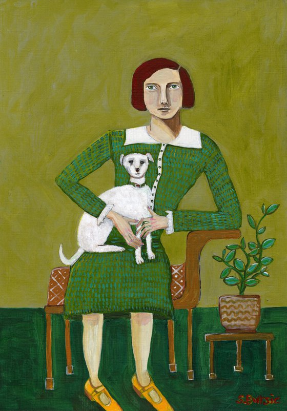 Vintage Lady Sitting with Dog Woman Era Figurative Green