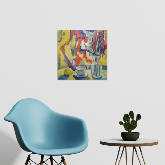Yellow still life (50x50cm, cubism, oil painting, ready to hang)