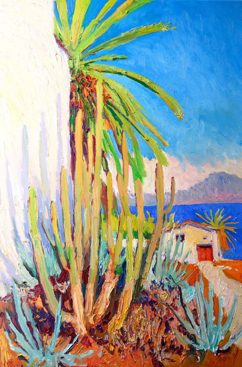 Expressive Landscape Oil Painting By Suren Nersisyan, 24 X 36", Palm, Cactus And The Ocean, Original Artwork