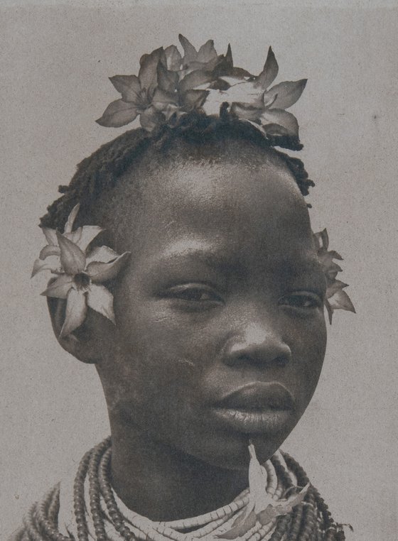 African Girl with flowers. Cyanotype Print