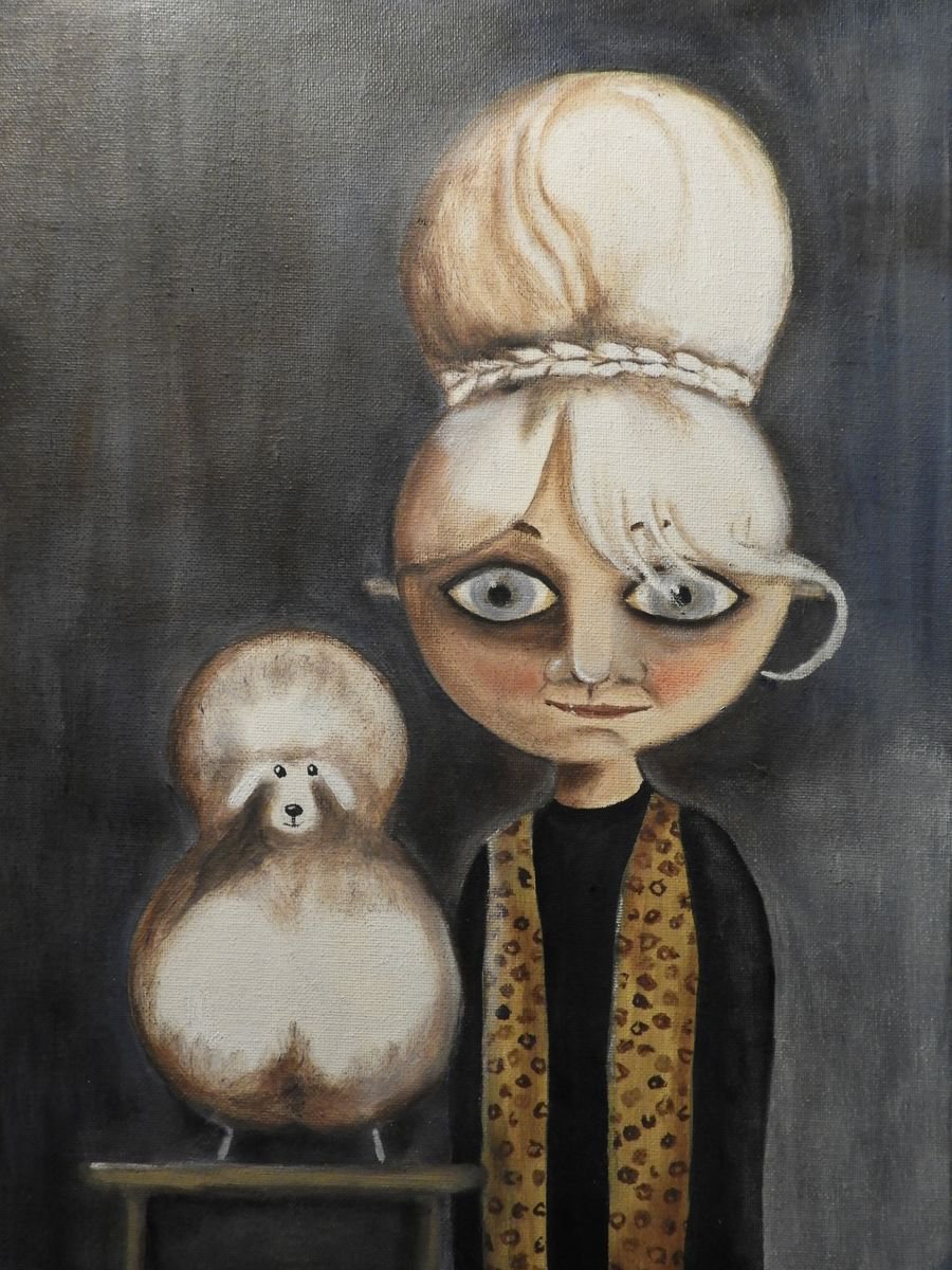 Mrs B and her dog - oil on canvas inspired by a photo by Diane Arbus by Silvia Beneforti
