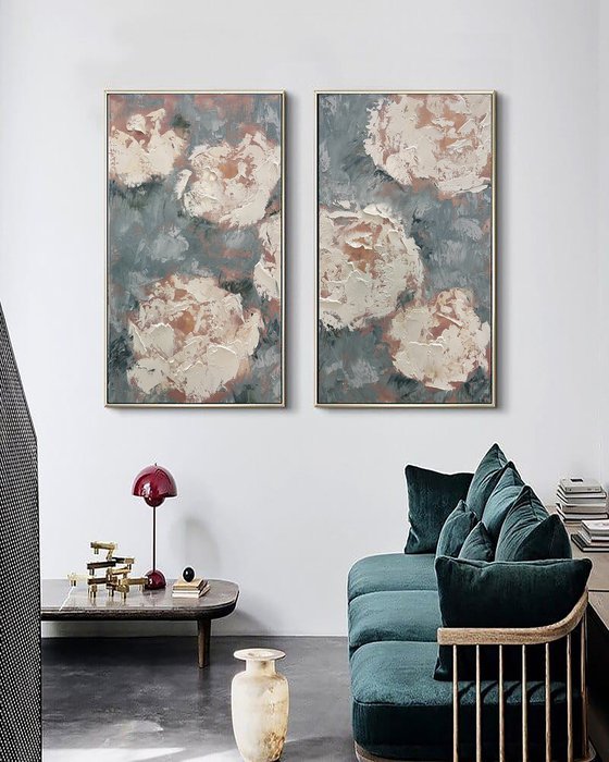 Abstract Peonies Diptych Painting.