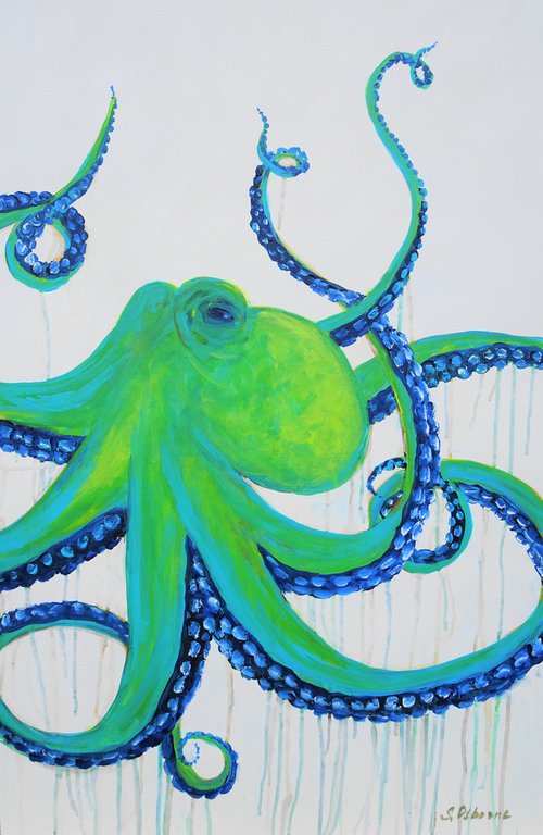Large Abstract Octopus Painting. Acrylic painting on canvas. Ocean Animals Painting 61x91cm. by Sveta Osborne