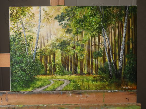 Oil Painting on Canvas, With Tall Trees Line on a Road After Rain by  Nizamas Ready to Hang 