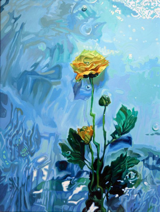 Original large acrylic painting Free Yellow Roses Underwater Painting Canvas Still life flowers Unique technique Floral Painting Living room