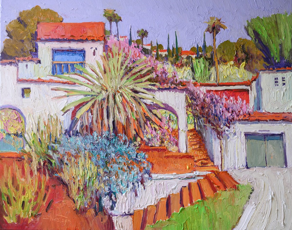 Expressive Landscape Oil Painting By Suren Nersisyan, 30 X 24", Houses In Pasadena, Original Artwork