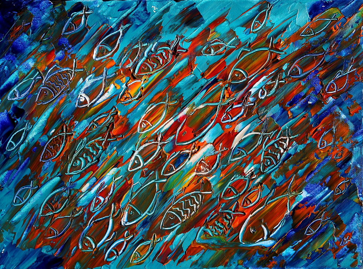 Impressionistic Animal Acrylic Painting By Denys Kuvaiev, 16 X 12, The Fish Went To Spawn 1, Original Artwork