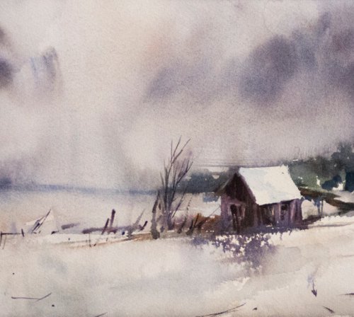 Winter Landscape with Old Barn by Sophie Rodionov