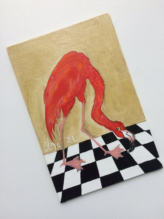 Bird portrait of a flamingo on a chessboard, gift idea for bird lover
