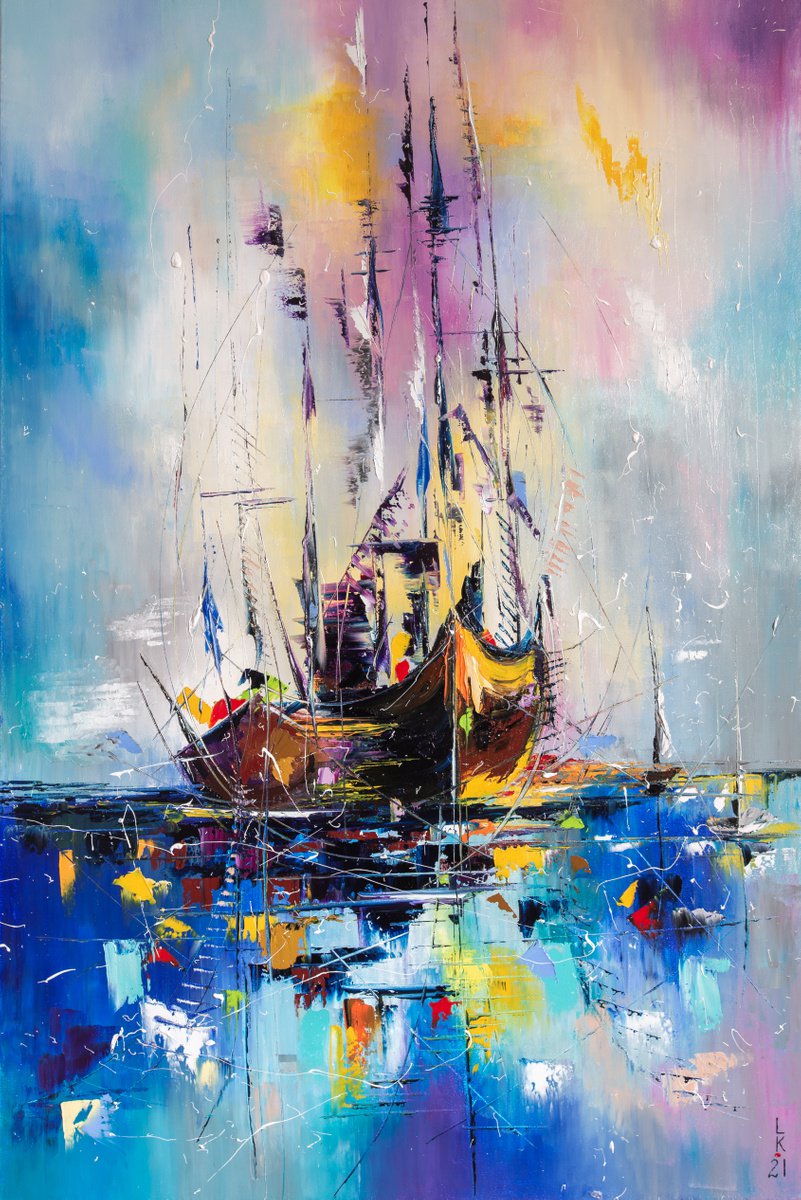 Abstract Oil Painting By Liubov Kuptsova, 24 X 35", Illusive Boats, Original Artwork