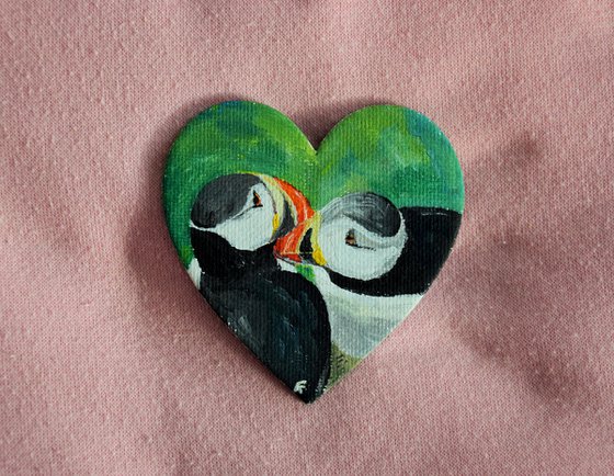 Puffins painting, heart magnet fridge, original acrylic painting, romantic gift