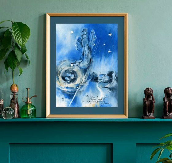 "Night" original watercolour fairy tale painting in blue tones