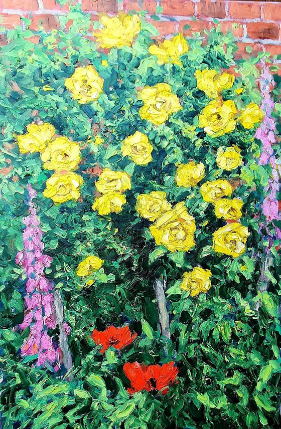 yellow roses with poppies and foxgloves