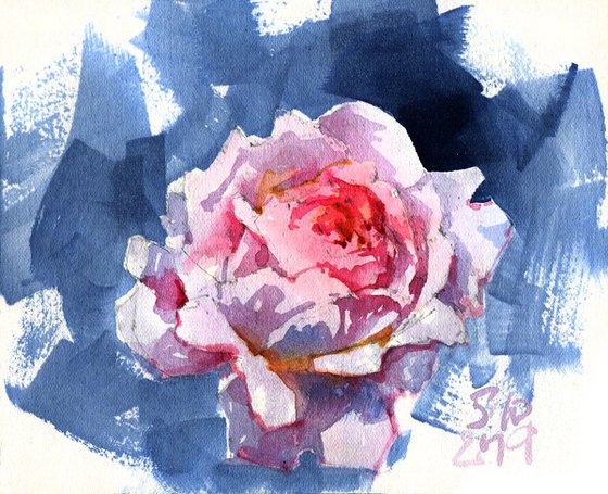 "Space rose" original watercolor small format postcard one light rose flower on a dark blue background