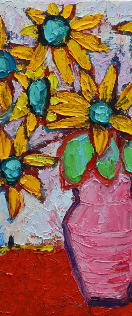 YELLOW WILDFLOWERS IN PINK VASE - abstract modern impressionist floral original palette knife oil painting by ANA MARIA EDULESCU