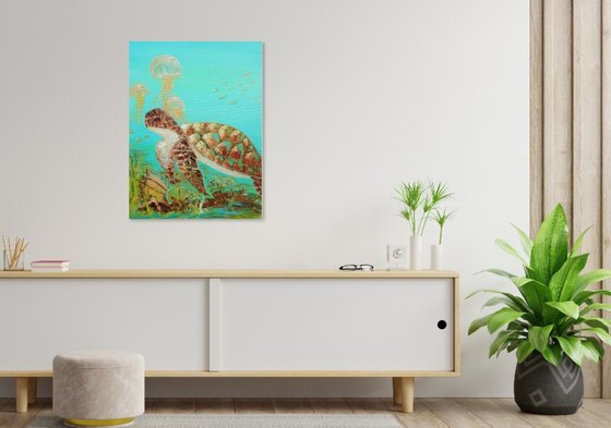 Sea Turtle Acrylic Painting on Canvas 24"x18". Sea Life Modern Art (2020)