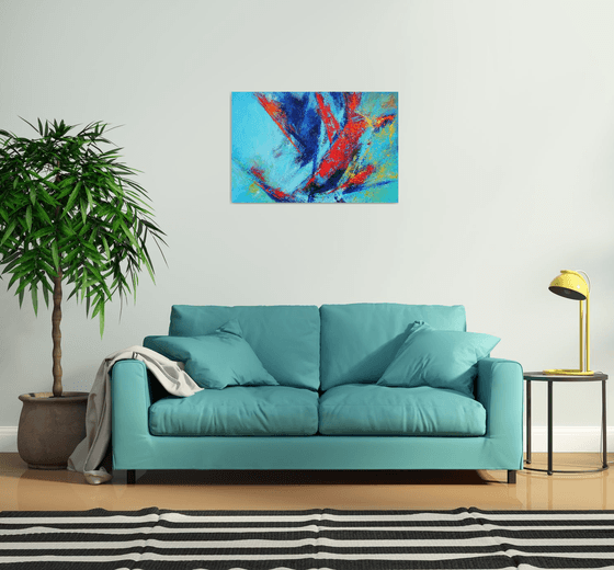 Large Abstract Blue Teal Red Landscape Painting. Modern Textured Art. Abstract. 61x91cm.