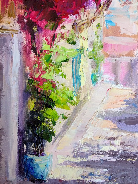 Sunny Day Greece Summer Landscape Painting Architecture Sunny Street