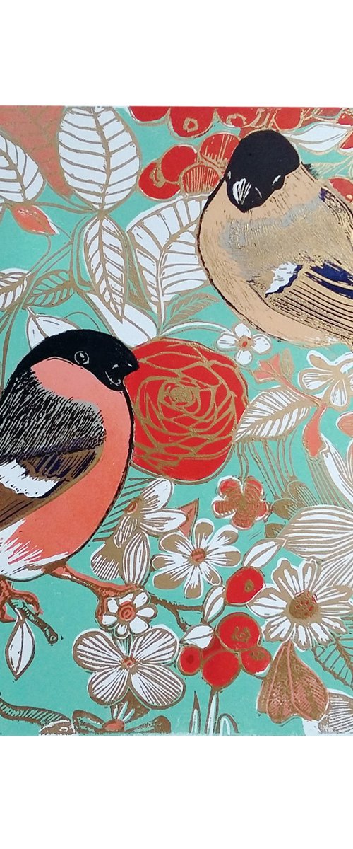 Bullfinches chinoiserie  (blue / green) by Carolynne Coulson