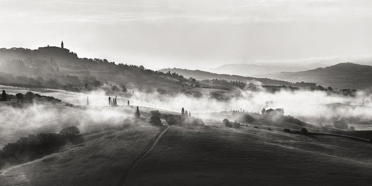Photorealistic Landscape Photograph By Peter Zelei, 43 X 24", Morning Fog In Tuscany, Original Artwork