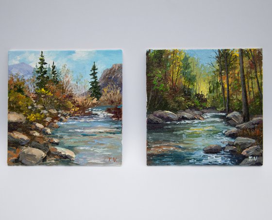 Mountain stream. Oil painting. Miniature. 6 x 6in.